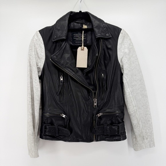 All Saints Albany Moto Jacket Black Leather Gray Sleeves Biker Grunge Size 4 NEW - Picture 2 of 14